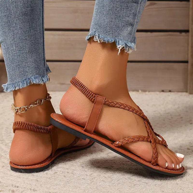 Women's Braided Flat Sandals Toe Post Back Strap Detail – Resort Wear
