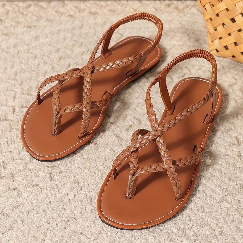 Women's Braided Flat Sandals Toe Post Back Strap Detail – Resort Wear