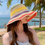 Women's Bucket Hat Crochet Stripe Flat Top Short Brim – Beach Vacation