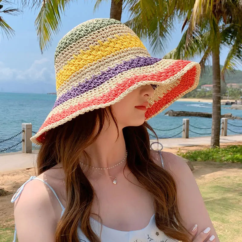 Women's Bucket Hat Crochet Stripe Flat Top Short Brim – Beach Vacation