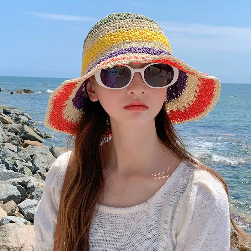 Women's Bucket Hat Crochet Stripe Flat Top Short Brim – Beach Vacation