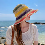 Women's Bucket Hat Crochet Stripe Flat Top Short Brim – Beach Vacation