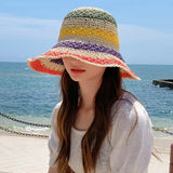 Women's Bucket Hat Crochet Stripe Flat Top Short Brim – Beach Vacation