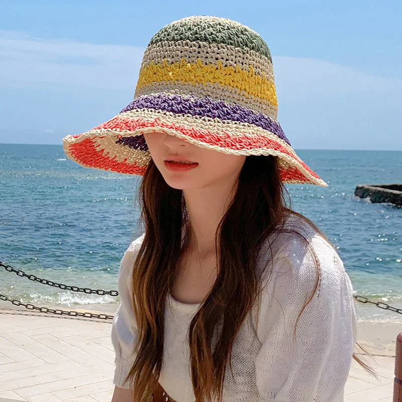 Women's Bucket Hat Crochet Stripe Flat Top Short Brim – Beach Vacation