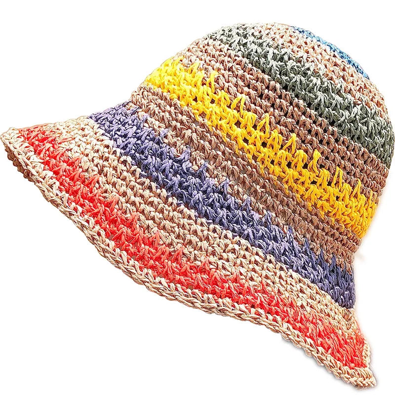 Women's Bucket Hat Crochet Stripe Flat Top Short Brim – Beach Vacation