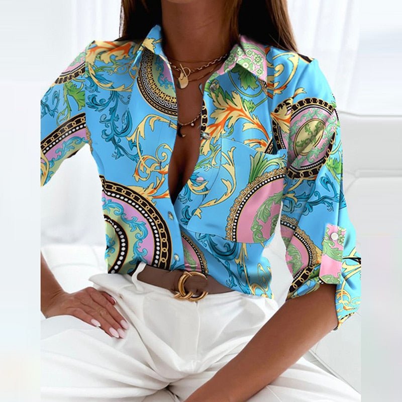 Women's Button Down Blouse Mixed Print Collared Long Sleeve – Casual Wear