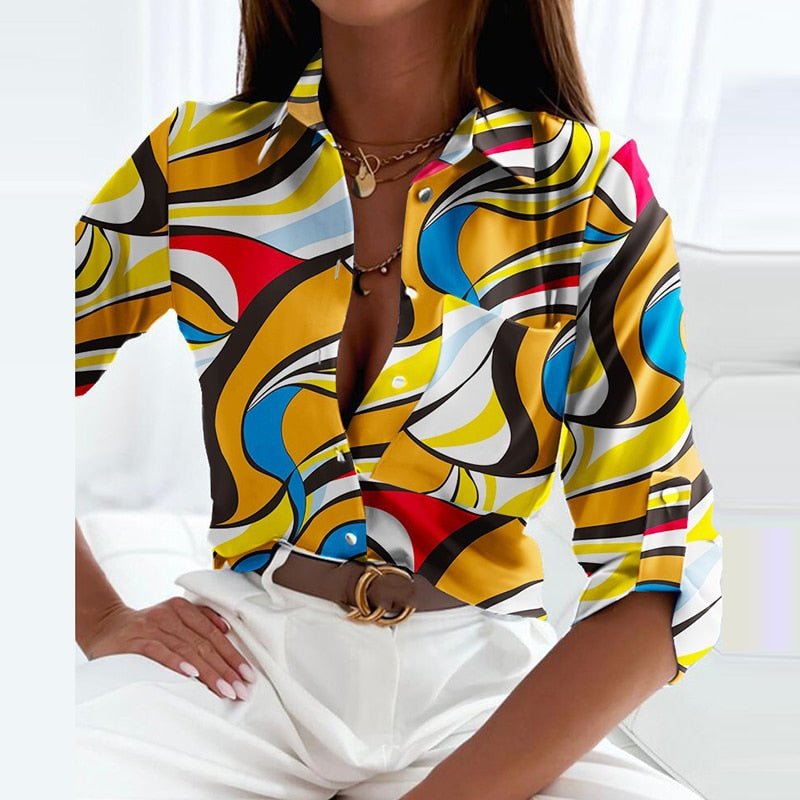Women's Button Down Blouse Mixed Print Collared Long Sleeve – Casual Wear