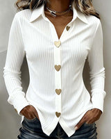 Women's Button Down Shirt Long Sleeve Ribbed Heart Buttons – Office Wear