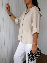 Women's Button Front Blouse Notched Neck Rolled Sleeve – Everyday Outings