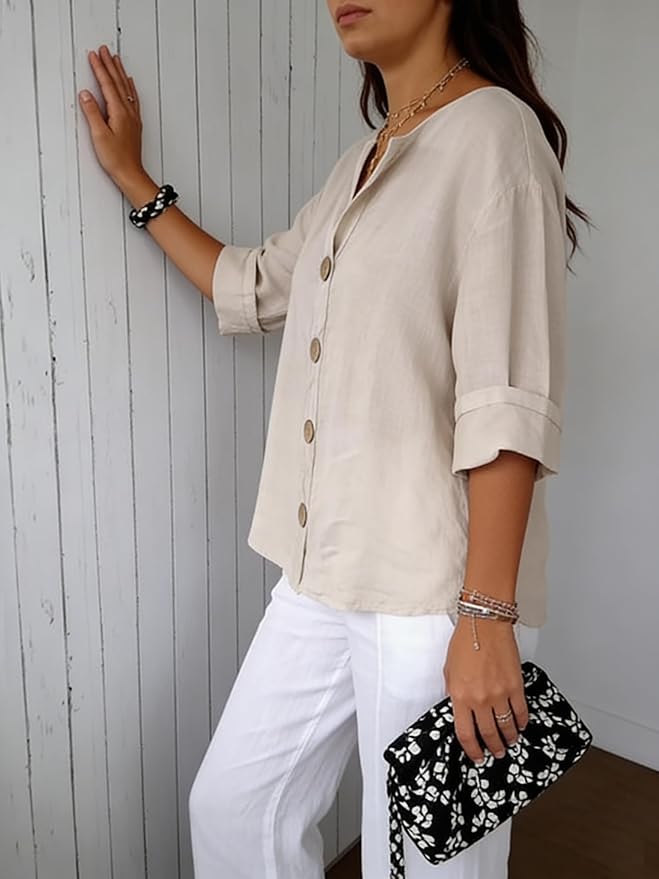 Women's Button Front Blouse Notched Neck Rolled Sleeve – Everyday Outings