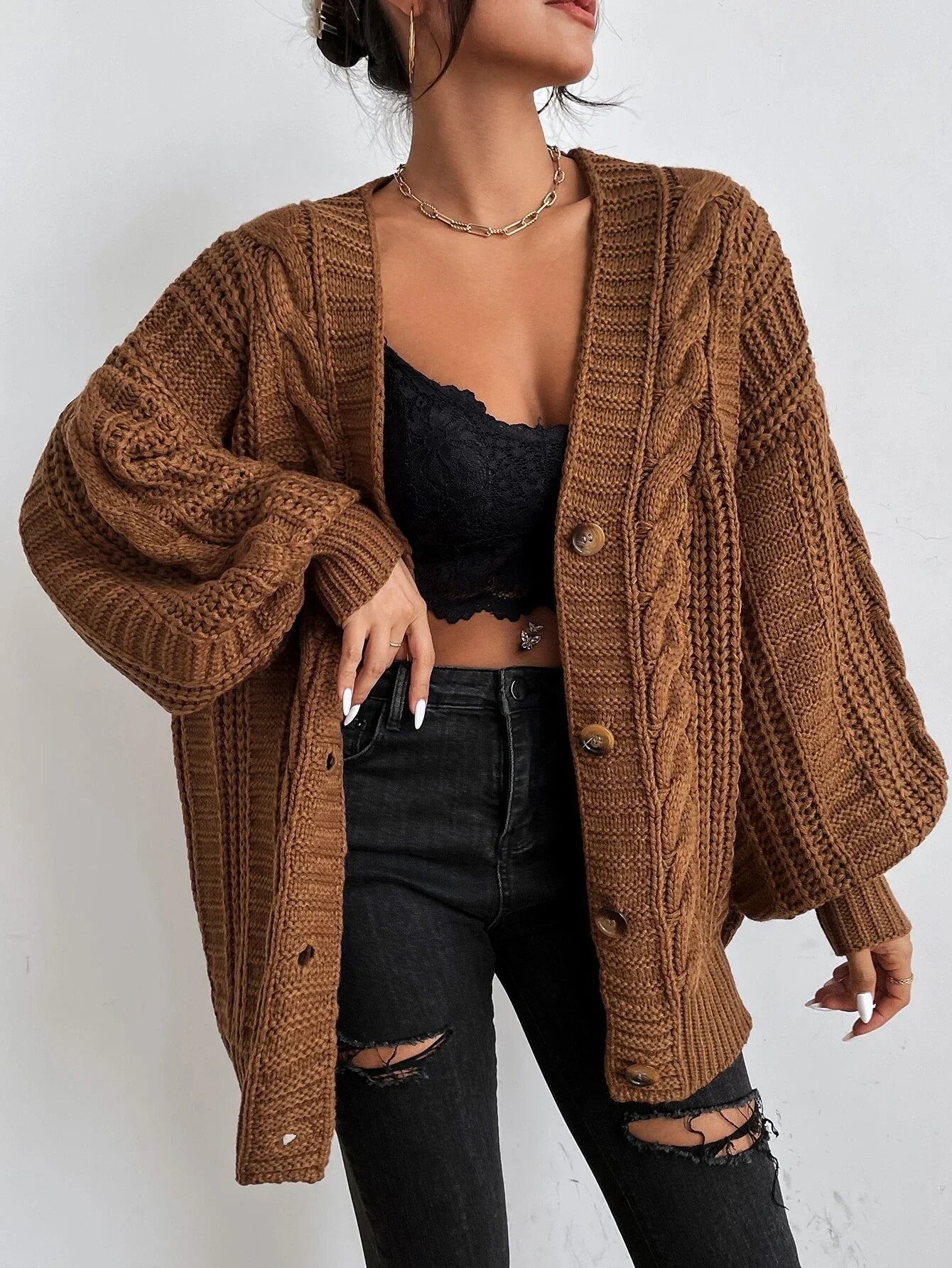 Women's Cable Knit Cardigan Chunky Button Front Long Sleeve - Casual