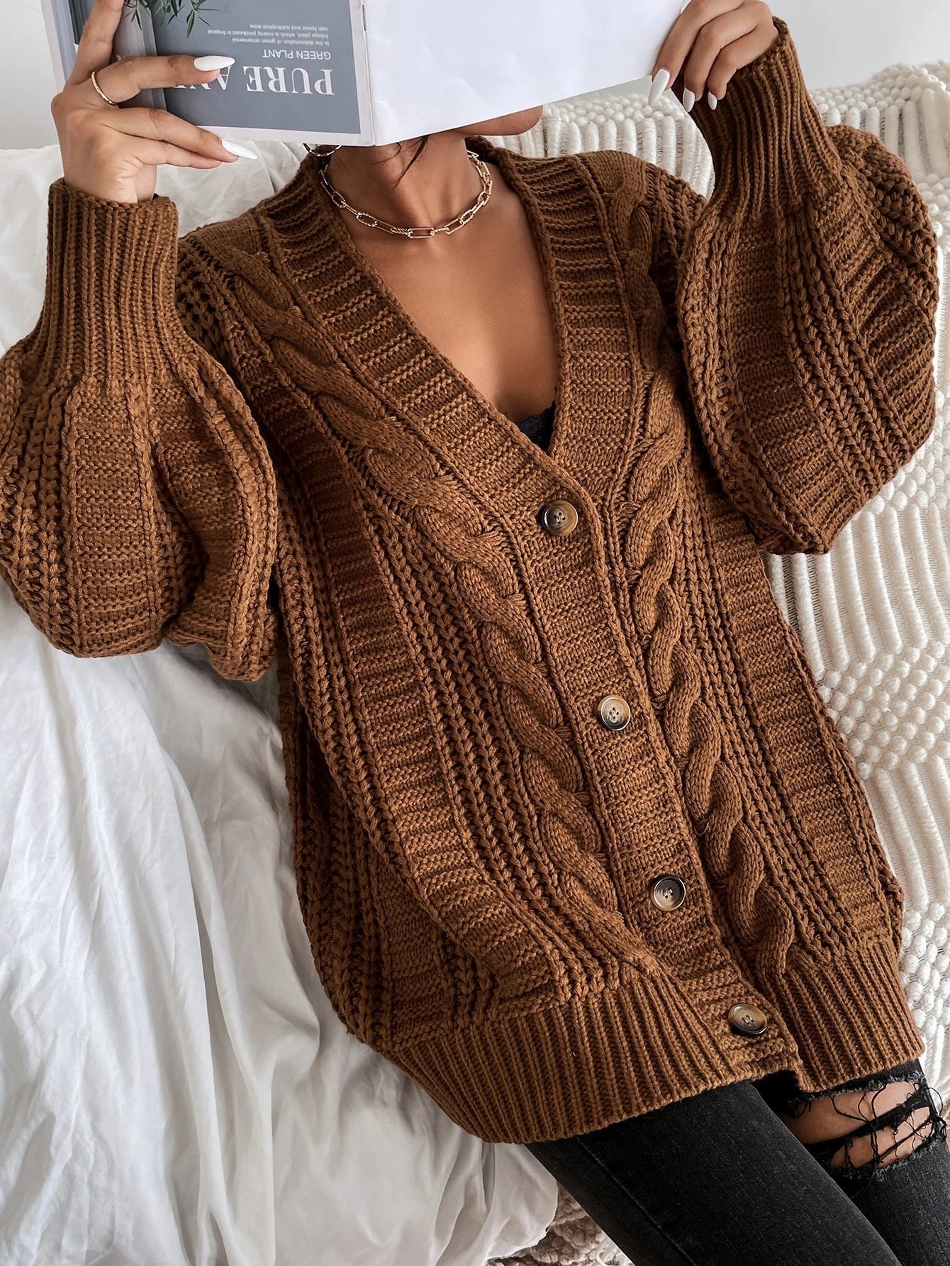 Women's Cable Knit Cardigan Chunky Button Front Long Sleeve - Casual