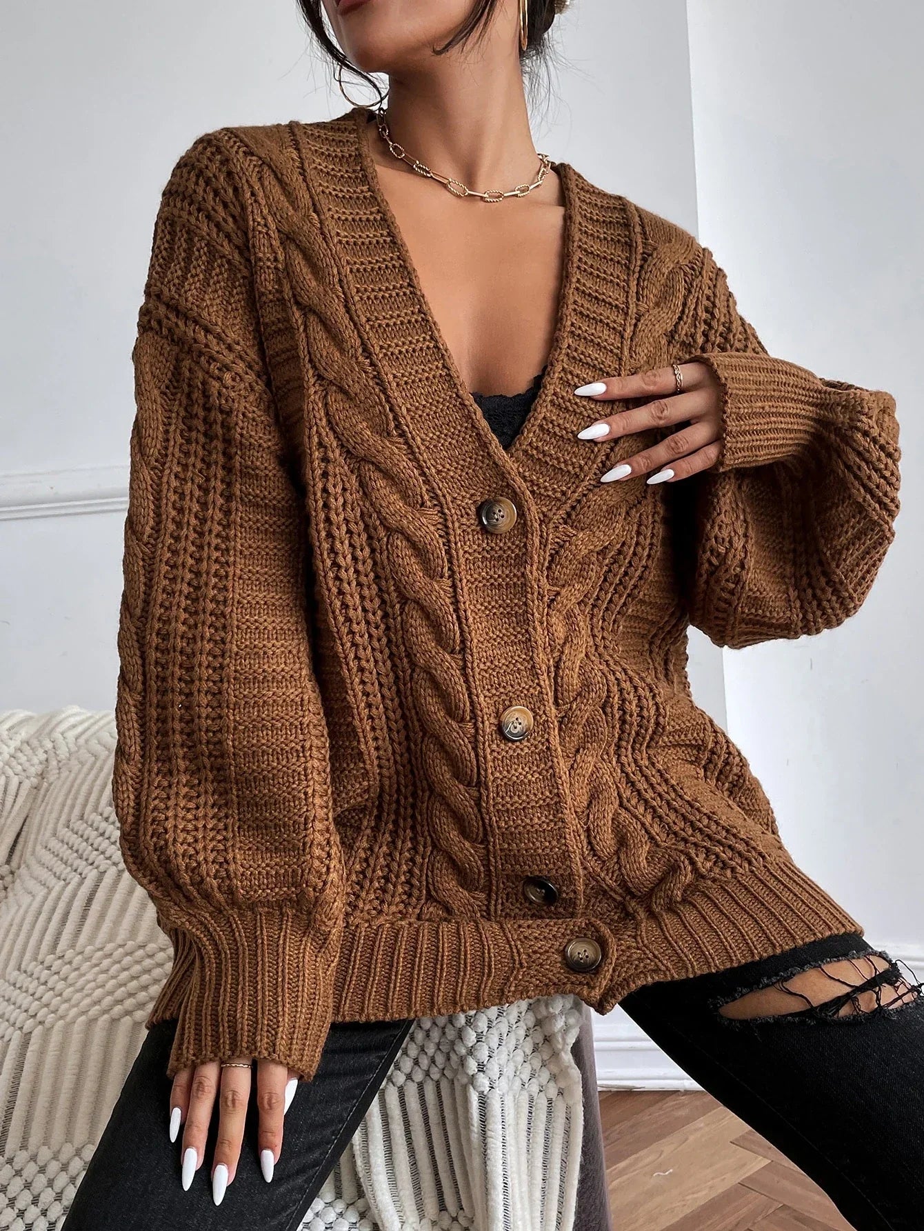 Women's Cable Knit Cardigan Chunky Button Front Long Sleeve - Casual