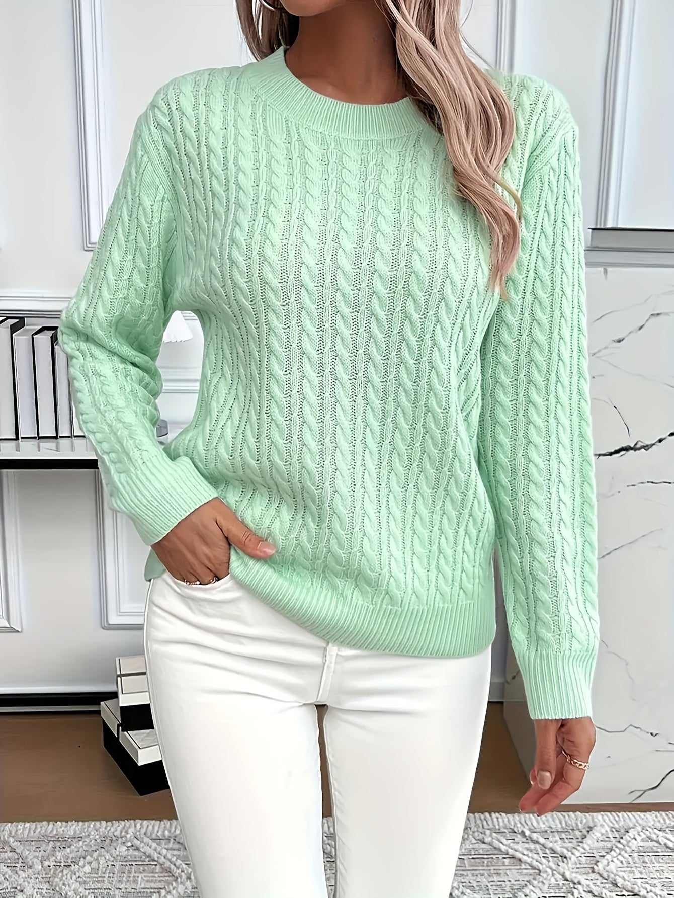 Women’s Cable Knit Sweater Crewneck Long Sleeve Ribbed Trim – Weekend Errands