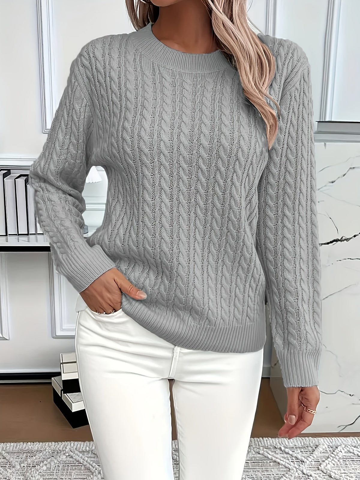 Women’s Cable Knit Sweater Crewneck Long Sleeve Ribbed Trim – Weekend Errands