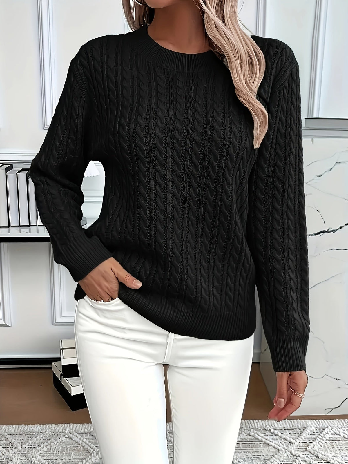 Women’s Cable Knit Sweater Crewneck Long Sleeve Ribbed Trim – Weekend Errands