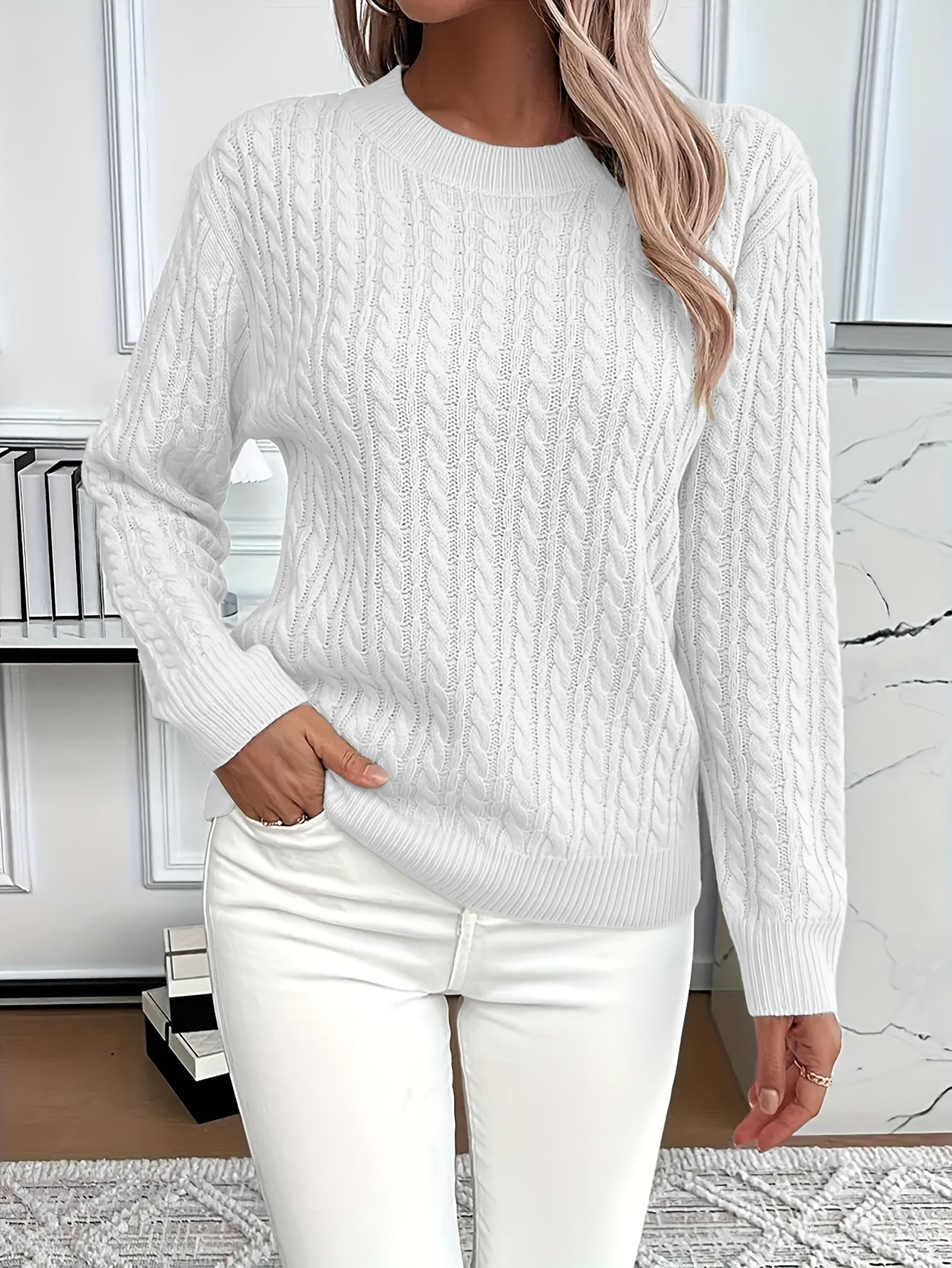 Women’s Cable Knit Sweater Crewneck Long Sleeve Ribbed Trim – Weekend Errands
