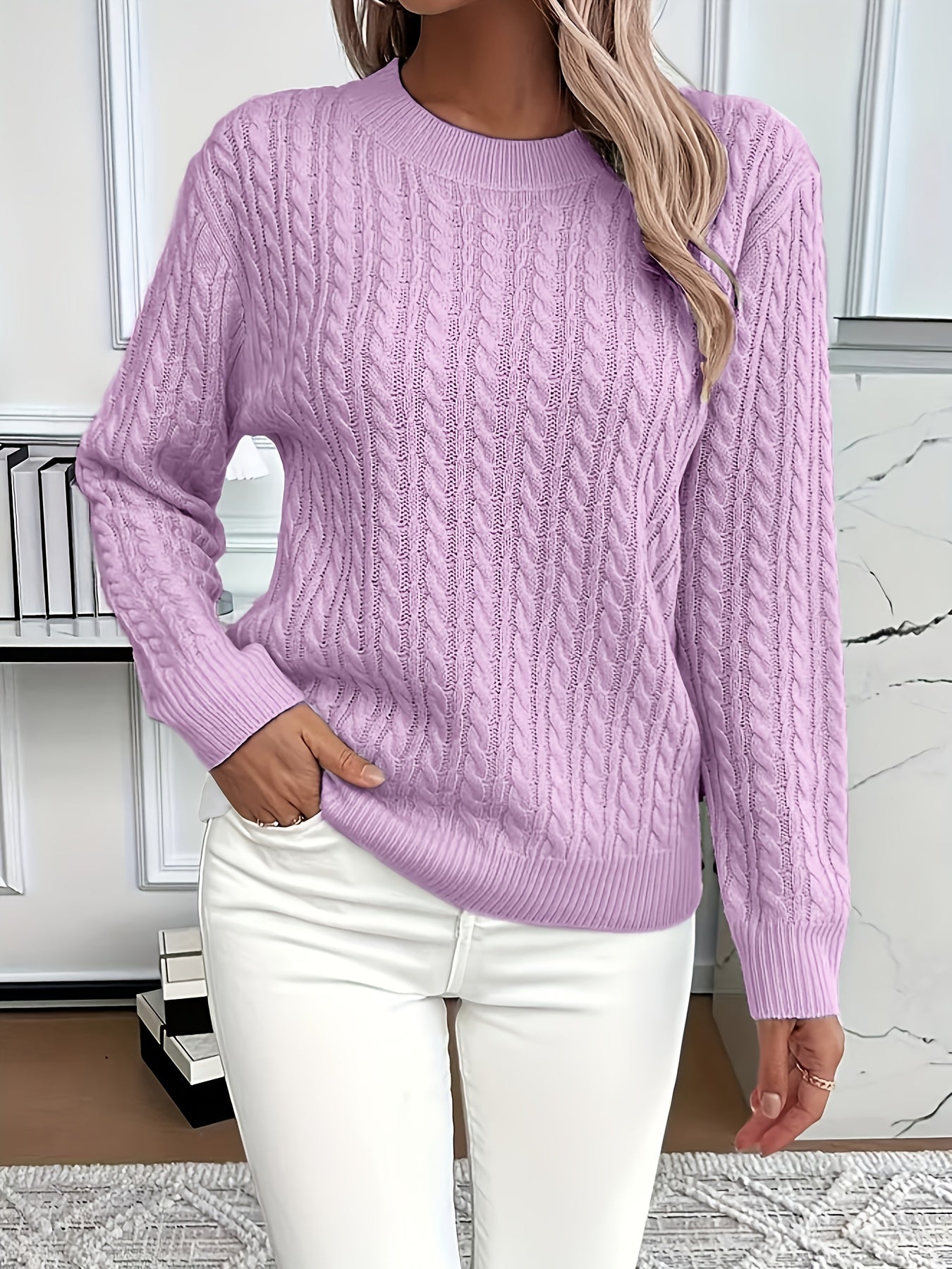 Women’s Cable Knit Sweater Crewneck Long Sleeve Ribbed Trim – Weekend Errands