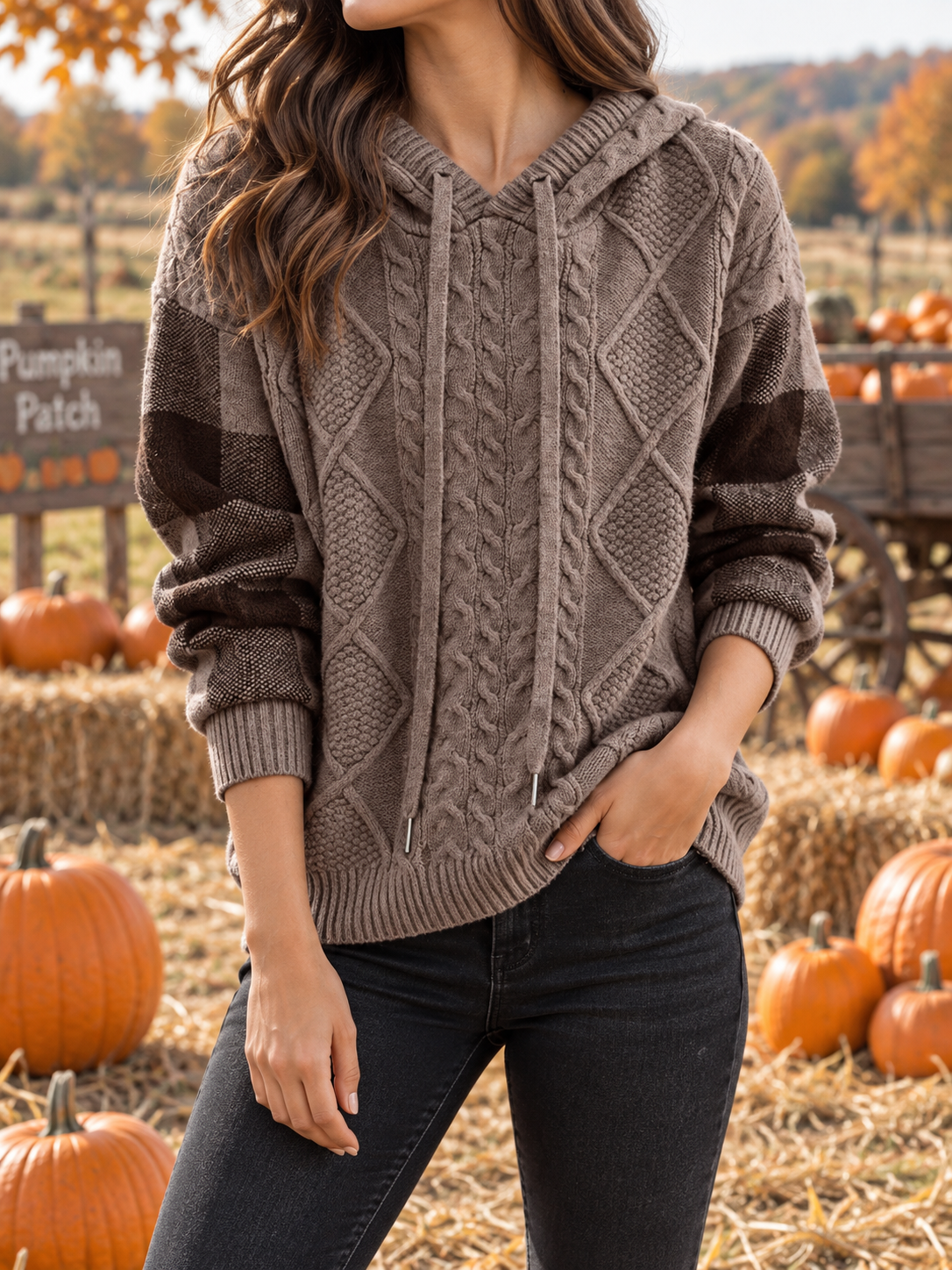 Women’s Cable Knit Sweater Hooded Drawstrings Striped Sleeves – Pumpkin Patch Visits