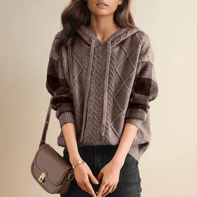 Women’s Cable Knit Sweater Hooded Drawstrings Striped Sleeves – Pumpkin Patch Visits