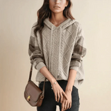 Women’s Cable Knit Sweater Hooded Drawstrings Striped Sleeves – Pumpkin Patch Visits