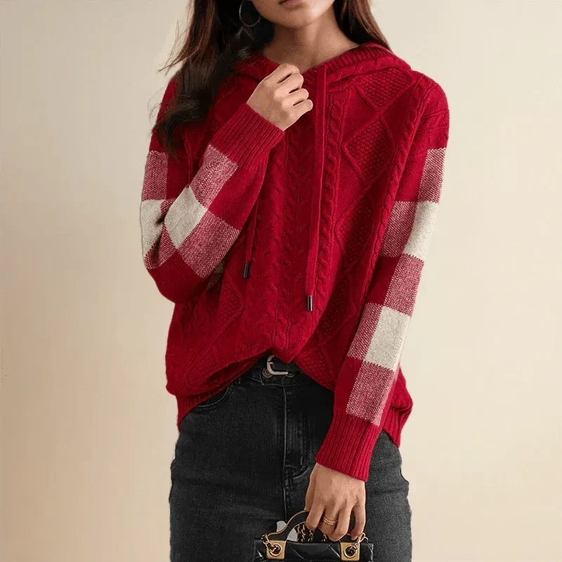Women’s Cable Knit Sweater Hooded Drawstrings Striped Sleeves – Pumpkin Patch Visits