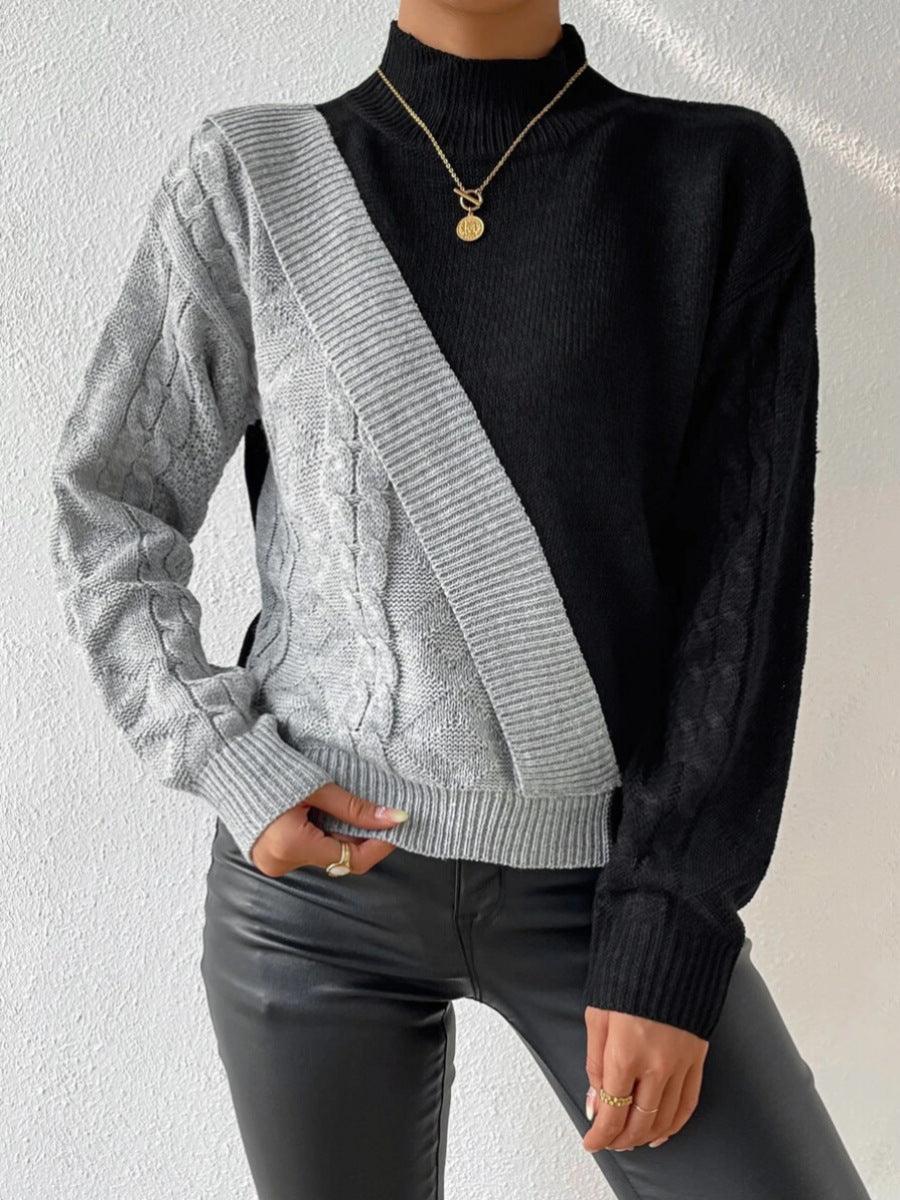 Women’s Cable Knit Sweater Mock Neck Asymmetric Panel Long Sleeves – Creative Workshops