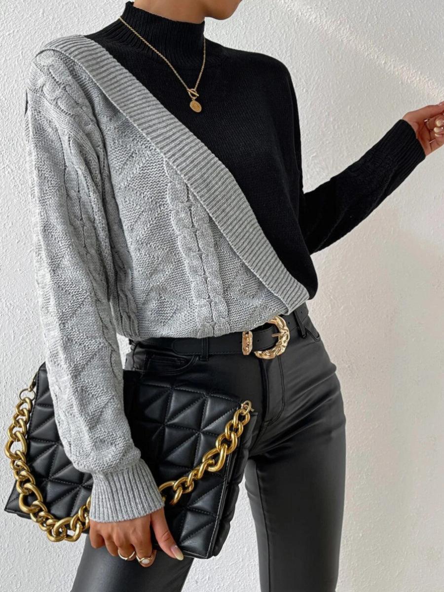 Women’s Cable Knit Sweater Mock Neck Asymmetric Panel Long Sleeves – Creative Workshops