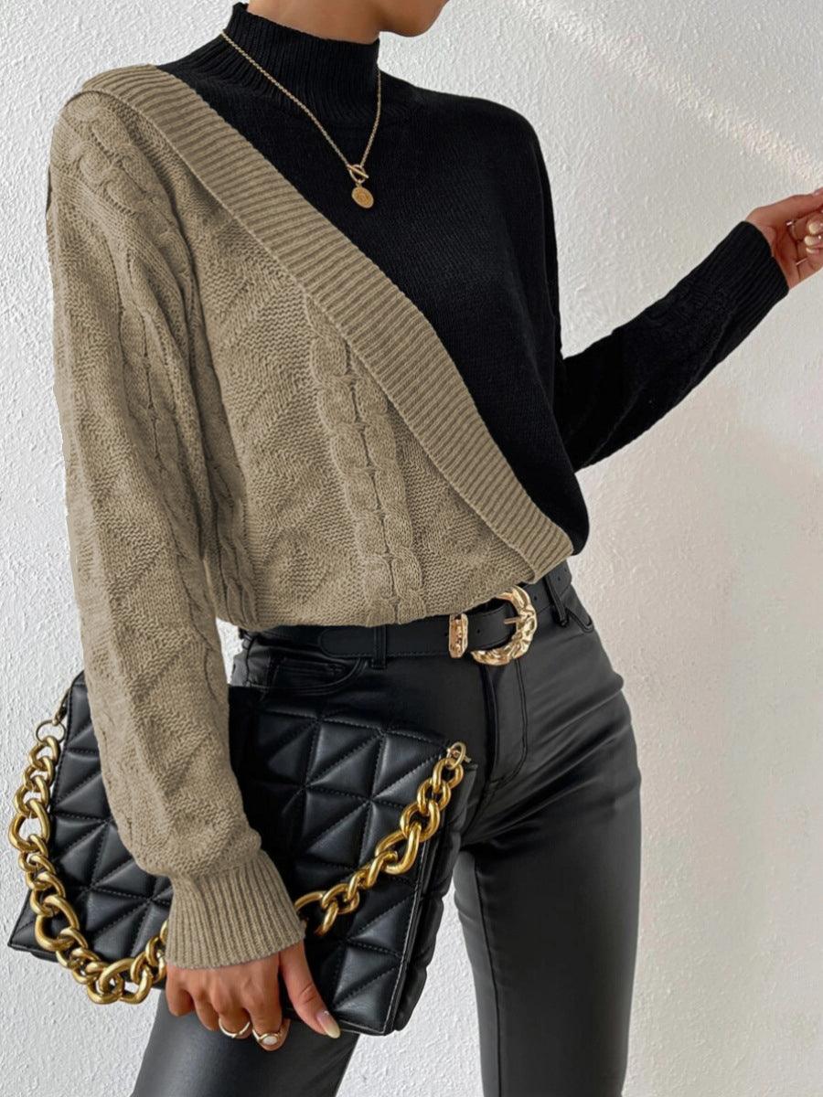 Women’s Cable Knit Sweater Mock Neck Asymmetric Panel Long Sleeves – Creative Workshops