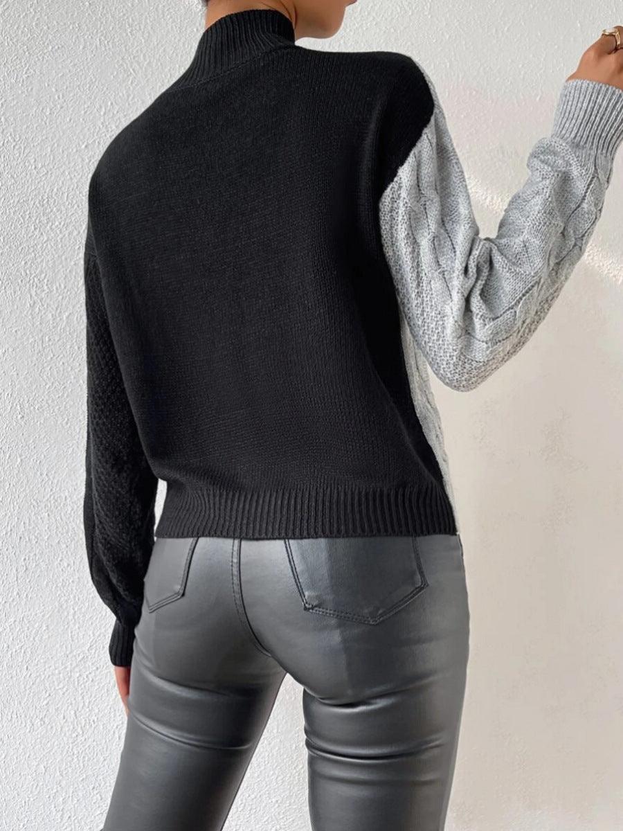 Women’s Cable Knit Sweater Mock Neck Asymmetric Panel Long Sleeves – Creative Workshops