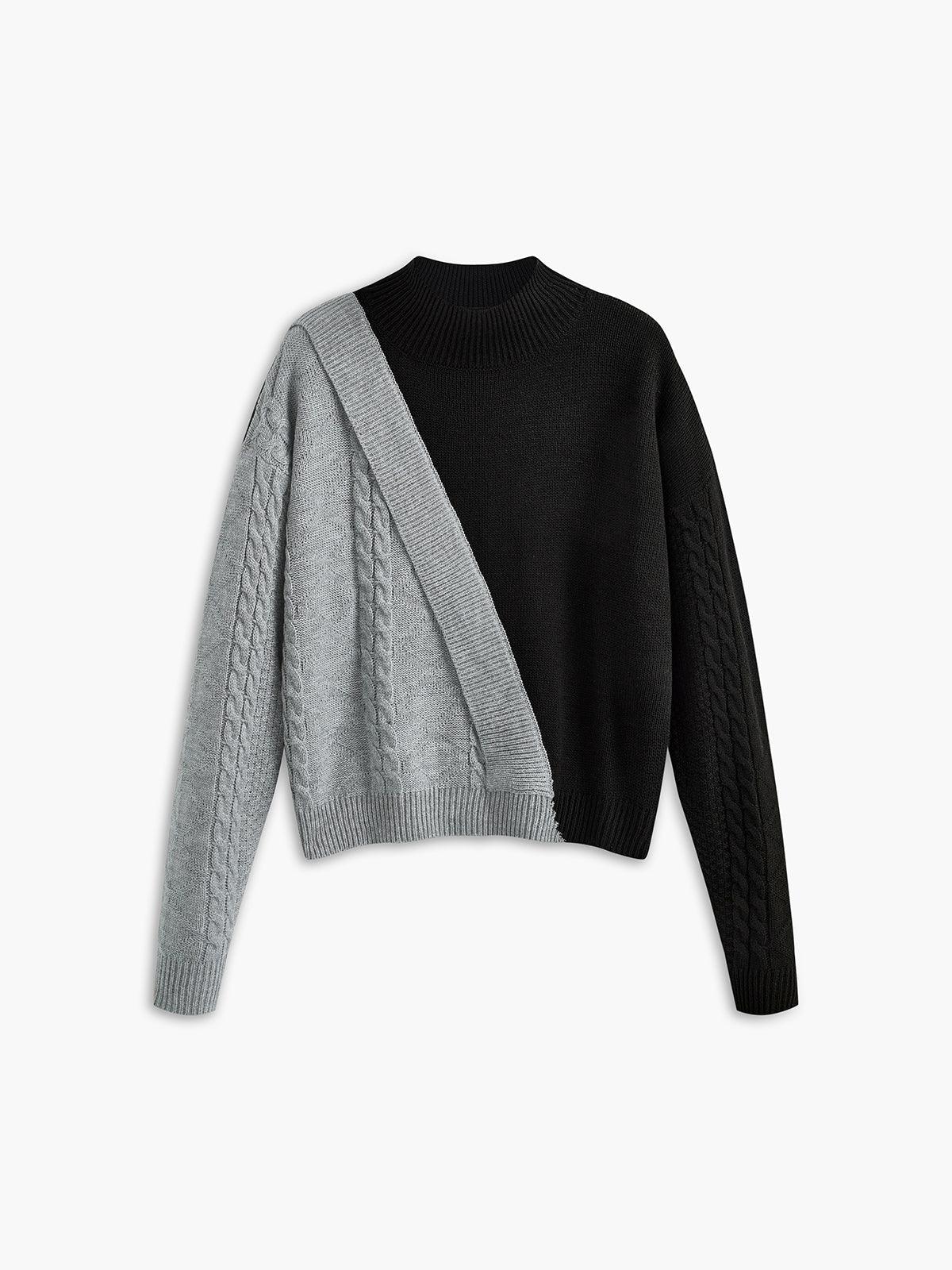 Women’s Cable Knit Sweater Mock Neck Asymmetric Panel Long Sleeves – Creative Workshops