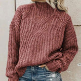 Women's Cable Knit Sweater Mock Neck Long Sleeve Ribbed Trim – Casual Day Plans