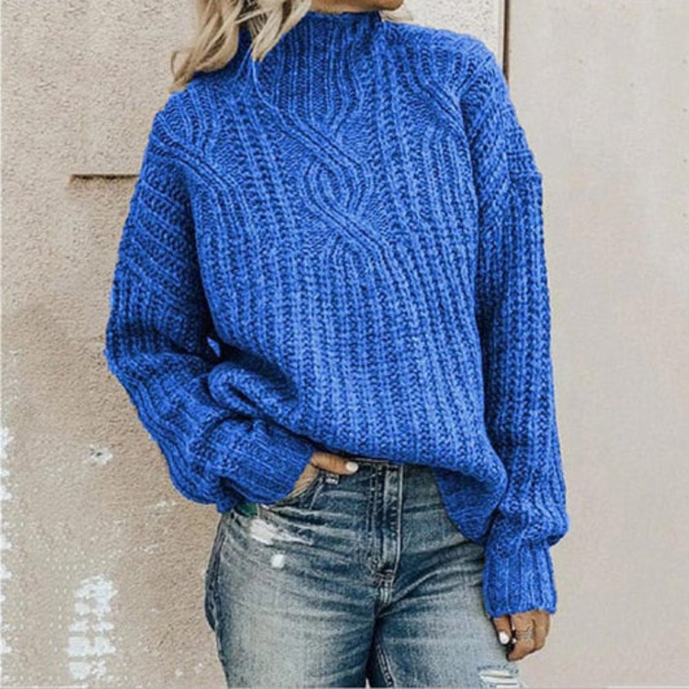 Women's Cable Knit Sweater Mock Neck Long Sleeve Ribbed Trim – Casual Day Plans