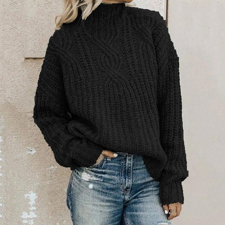 Women's Cable Knit Sweater Mock Neck Long Sleeve Ribbed Trim – Casual Day Plans