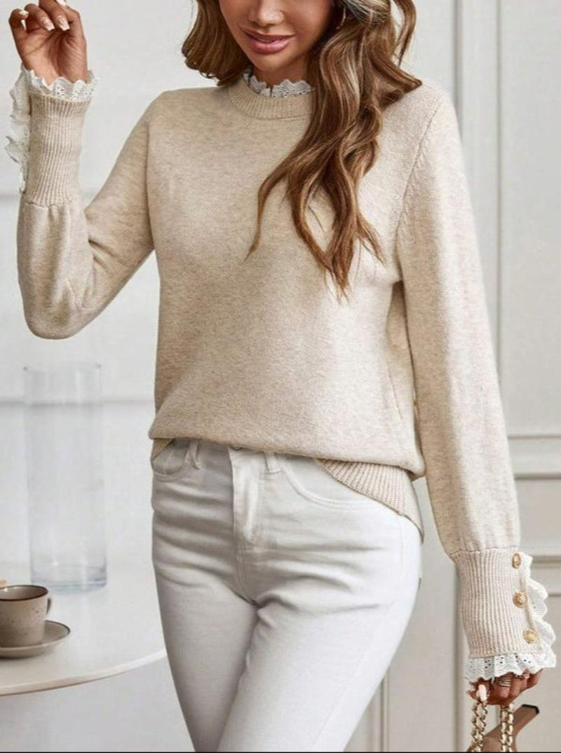 Women’s Cable Knit Sweater Round Neck Lace Trim Button Cuffs Long Sleeves – Casual Office Days