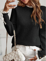 Women’s Cable Knit Sweater Round Neck Lace Trim Button Cuffs Long Sleeves – Casual Office Days