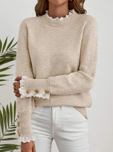 Women’s Cable Knit Sweater Round Neck Lace Trim Button Cuffs Long Sleeves – Casual Office Days