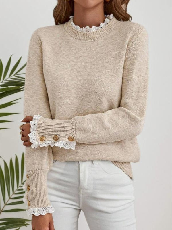 Women’s Cable Knit Sweater Round Neck Lace Trim Button Cuffs Long Sleeves – Casual Office Days