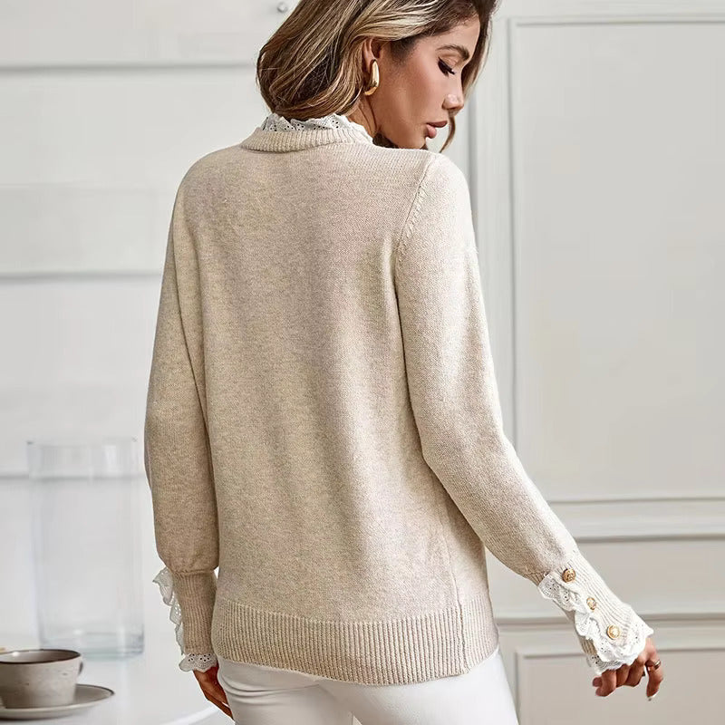 Women’s Cable Knit Sweater Round Neck Lace Trim Button Cuffs Long Sleeves – Casual Office Days