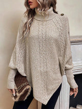 Women’s Cable Knit Sweater Turtleneck Button Shoulder Pointed Hem – Weekend Lunches
