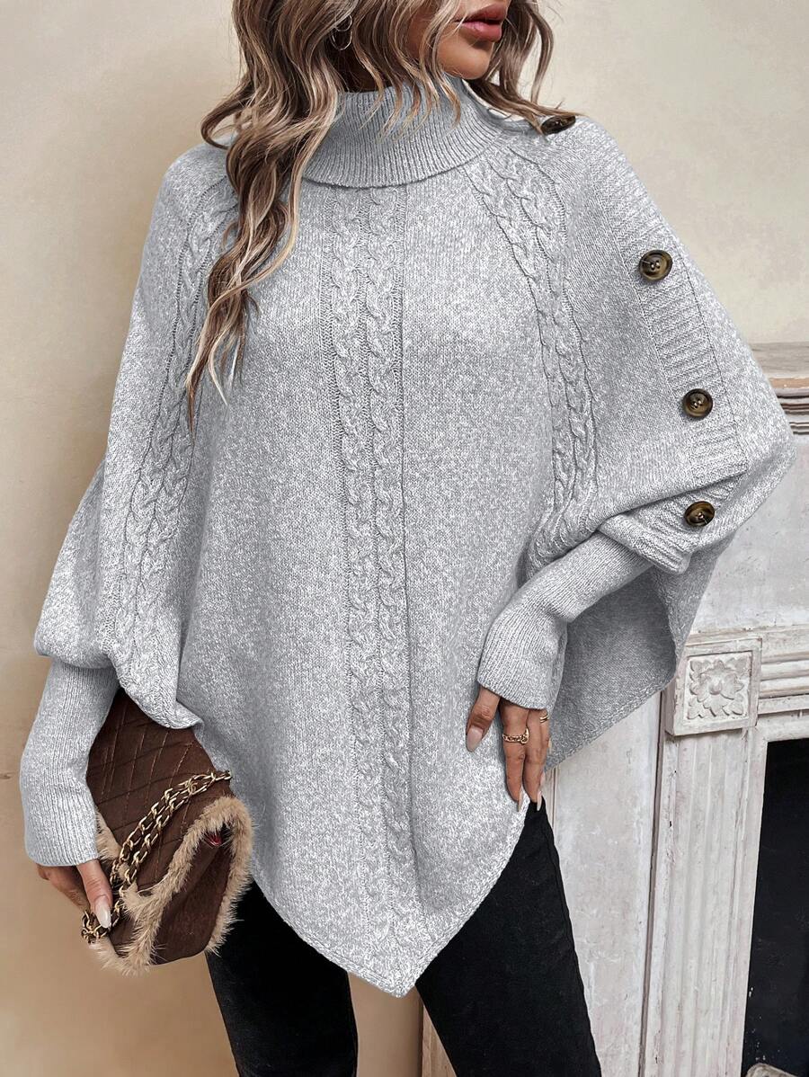 Women’s Cable Knit Sweater Turtleneck Button Shoulder Pointed Hem – Weekend Lunches