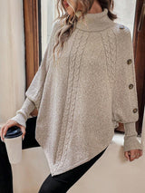 Women’s Cable Knit Sweater Turtleneck Button Shoulder Pointed Hem – Weekend Lunches