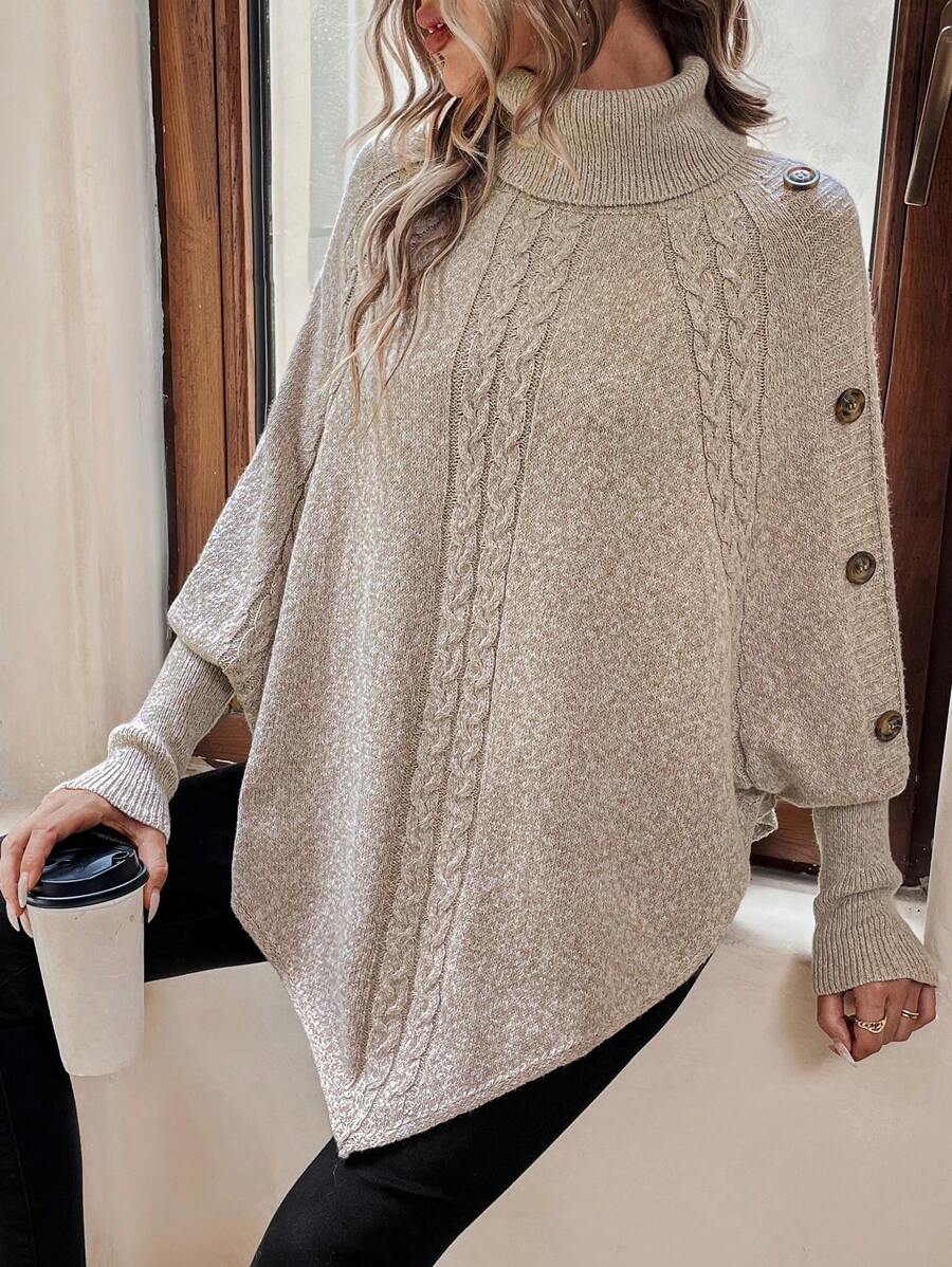 Women’s Cable Knit Sweater Turtleneck Button Shoulder Pointed Hem – Weekend Lunches