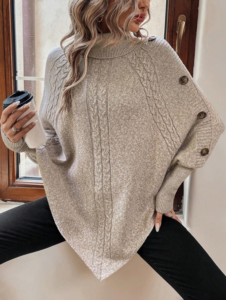 Women’s Cable Knit Sweater Turtleneck Button Shoulder Pointed Hem – Weekend Lunches