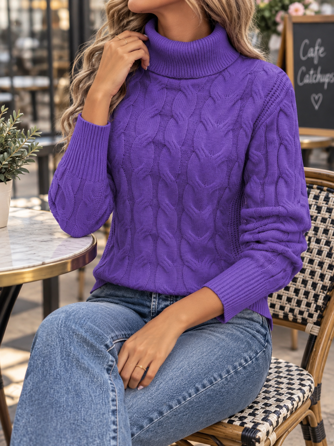 Women’s Cable Knit Sweater Turtleneck Long Sleeves Ribbed Trim – Antique Market Visits