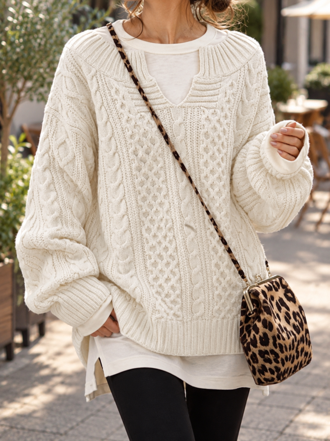 Women’s Cable Knit Sweater V-Neck Long Sleeve Ribbed Cuffs – Casual Outings