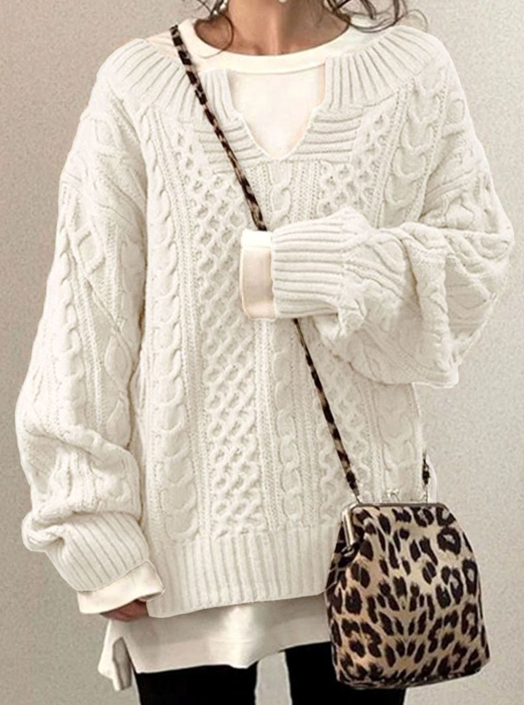 Women’s Cable Knit Sweater V-Neck Long Sleeve Ribbed Cuffs – Casual Outings