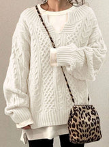 Women’s Cable Knit Sweater V-Neck Long Sleeve Ribbed Cuffs – Casual Outings