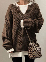 Women’s Cable Knit Sweater V-Neck Long Sleeve Ribbed Cuffs – Casual Outings