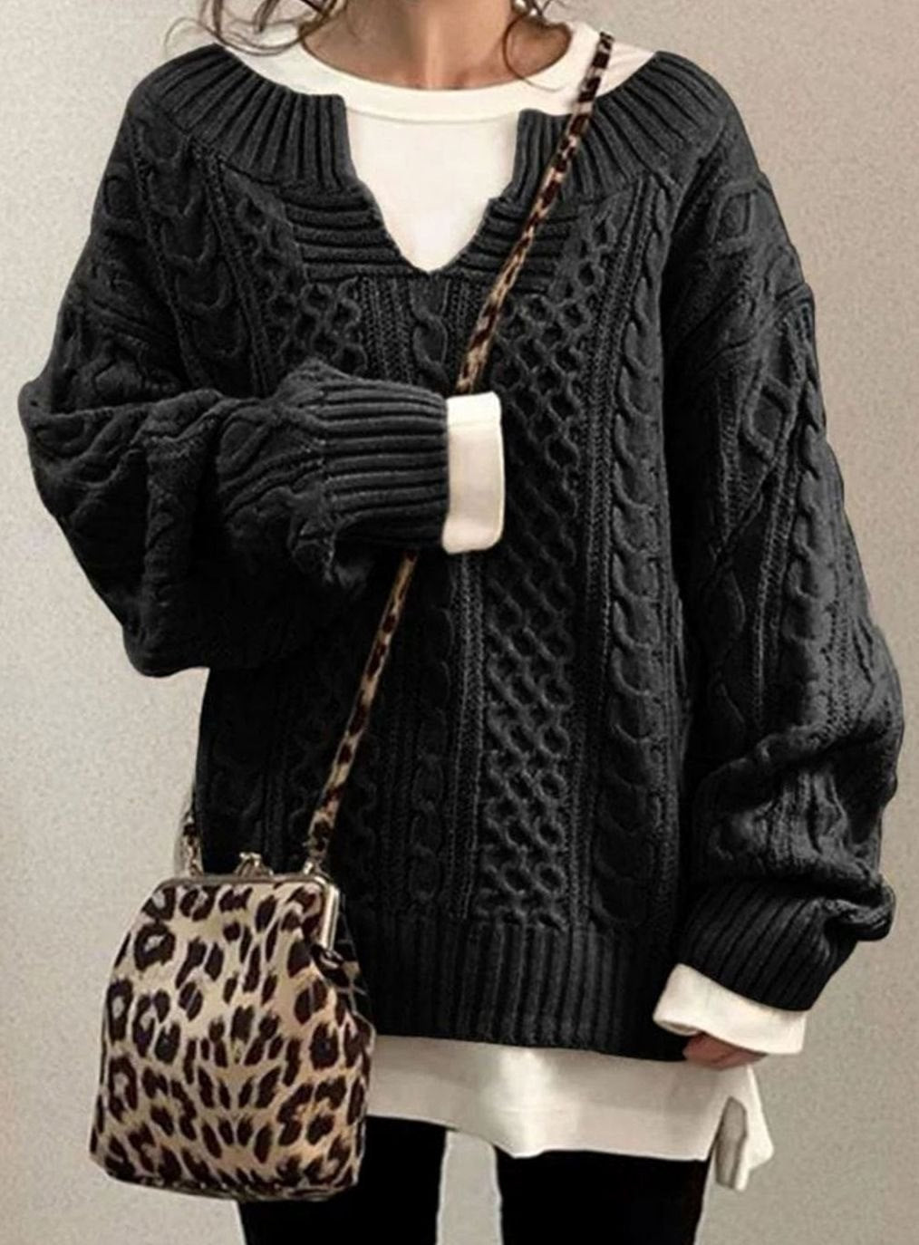 Women’s Cable Knit Sweater V-Neck Long Sleeve Ribbed Cuffs – Casual Outings